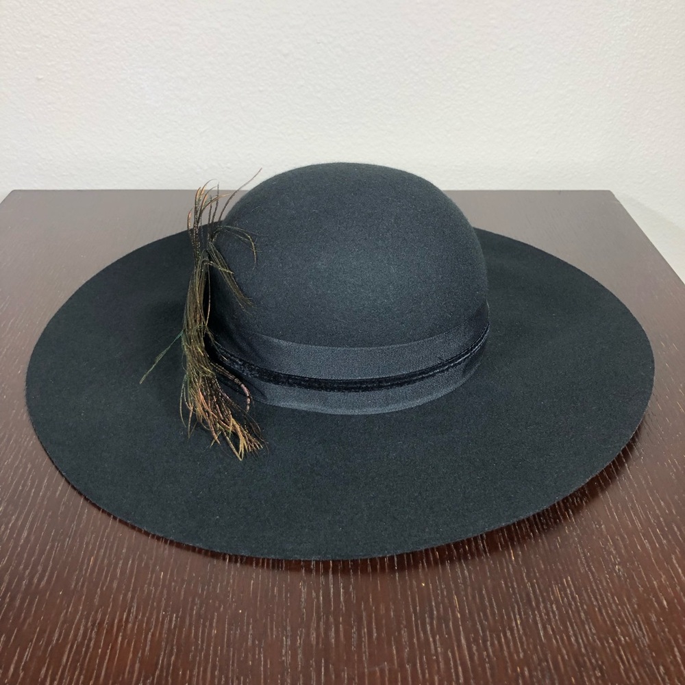 Cynthia Rowley Wool Black Fedora Cloche Wide Brim Peacock Feathers bohemian Hat - Picture 8 of 14